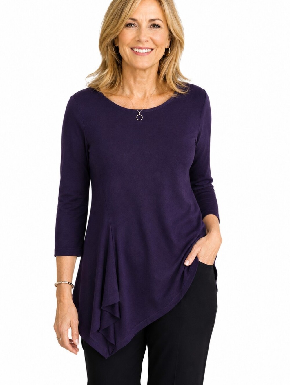 Chico's Travelers Purple Acetate Stretch Asymmetrical Tunic Top Size 1 M